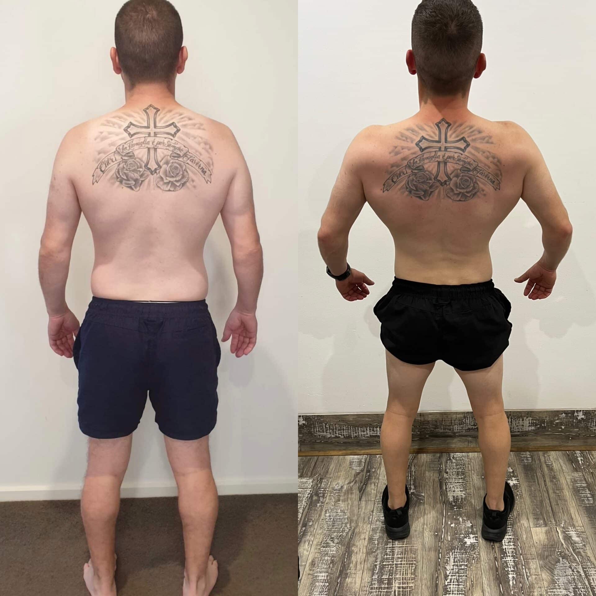 A side by side comparison of a clients transformation from the back