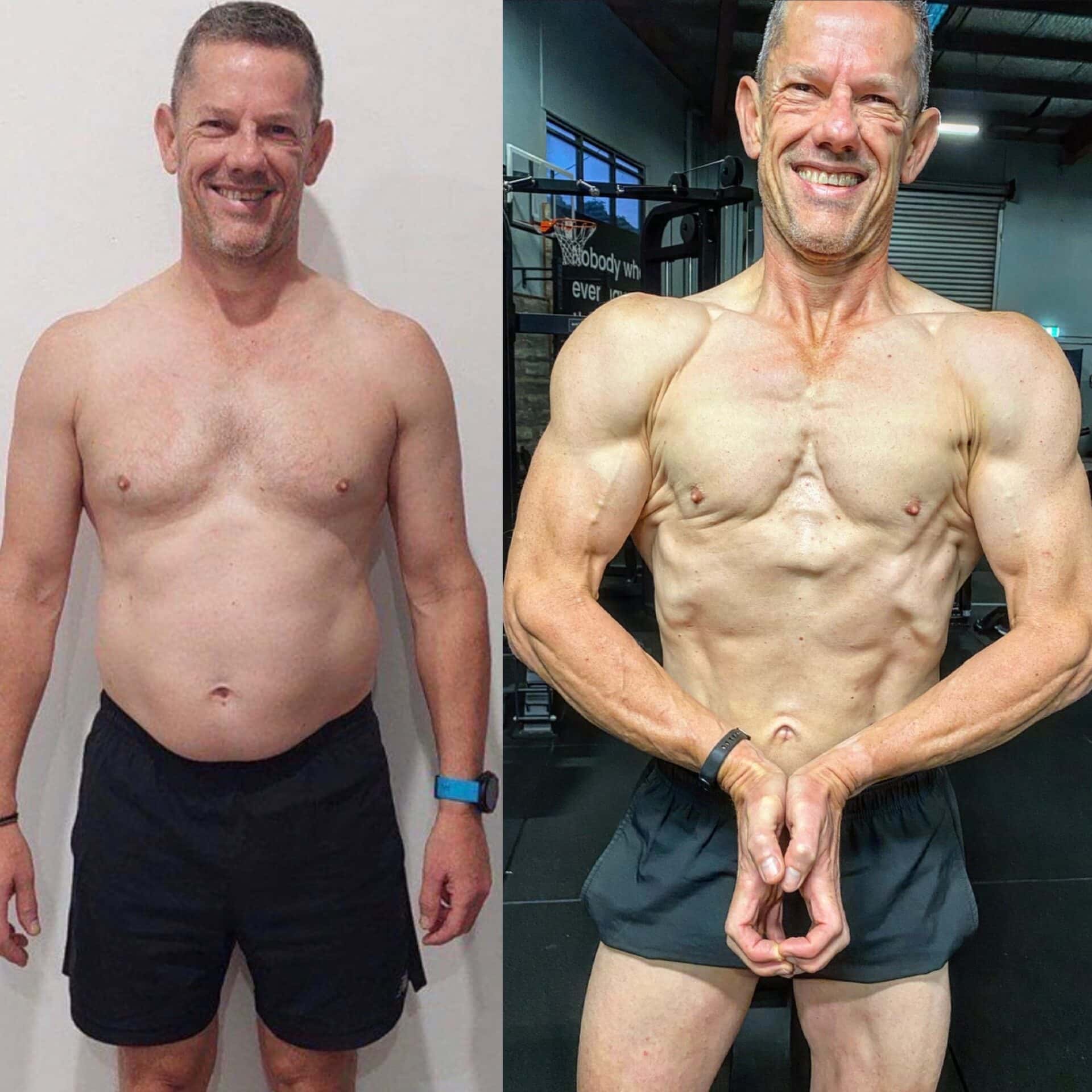 A side by side comparison of a clients transformation from the front